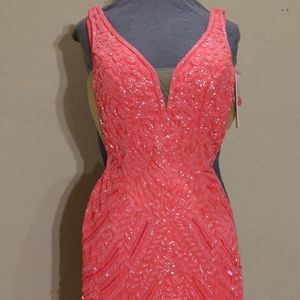 SCALA plunging v-neck 2 tone beaded short dress in hot pink size 4